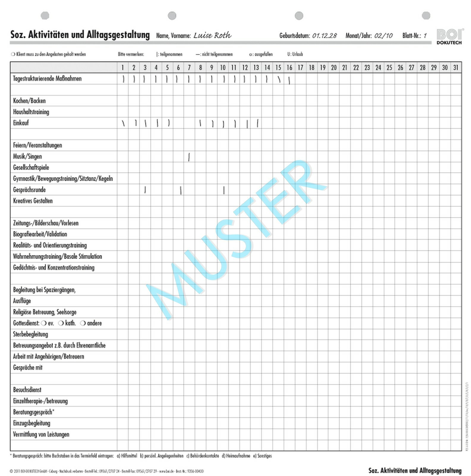 9206-00430 - Formulare Soziale Aktivitaeten und Alltagsgestaltung Vorderseite
